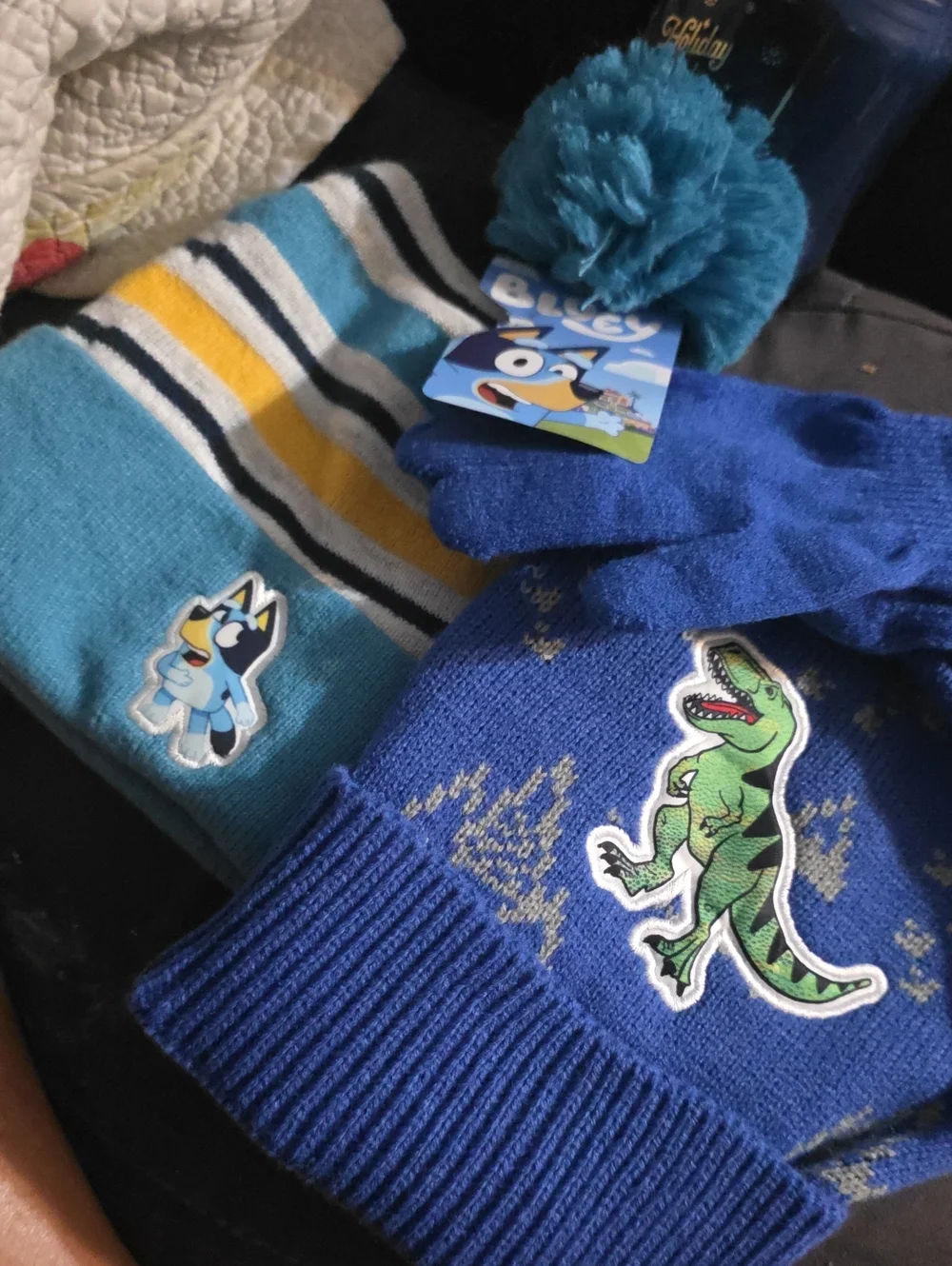 Kids Blue Pom Bluey Beanie. Gloves Set W/ Blue Boys Beanie with Dinosaur Patch